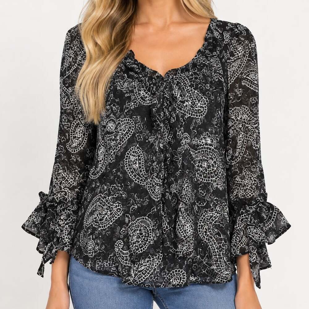 100% Silk Chico's Design Paisley Print Ruffle Long Sleeve Blouse Black White